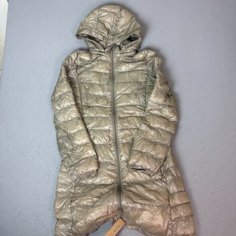 Uniqlo Premium Ultra Light Down Hooded Puffer Coat Womens M Beige Taupe